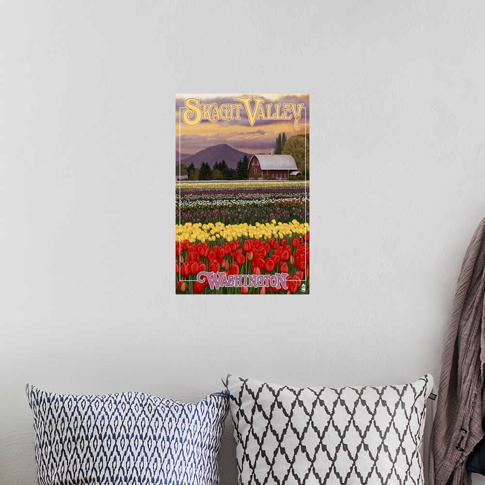 A bohemian room featuring Skagit Valley - Tulip Fields: Retro Travel Poster
