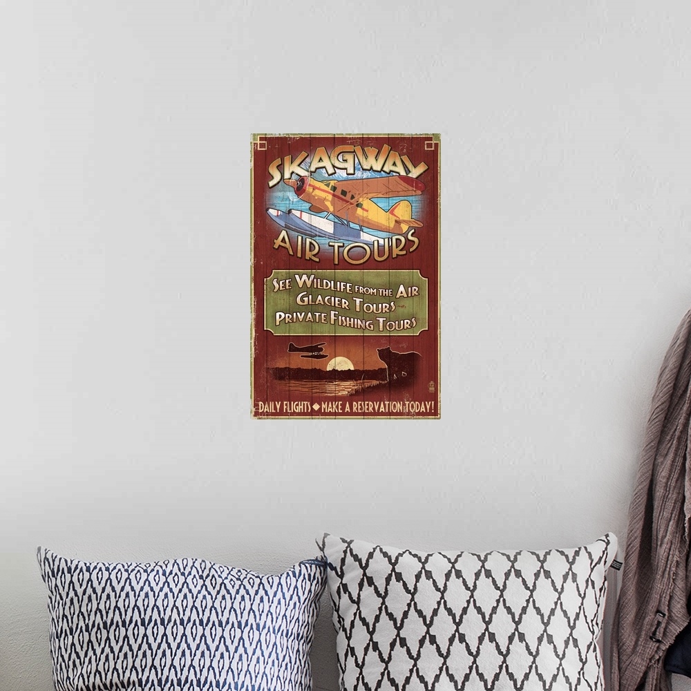 A bohemian room featuring Retro stylized art poster of a vintage sign advertising seaplane tours, with a yellow seaplane in...