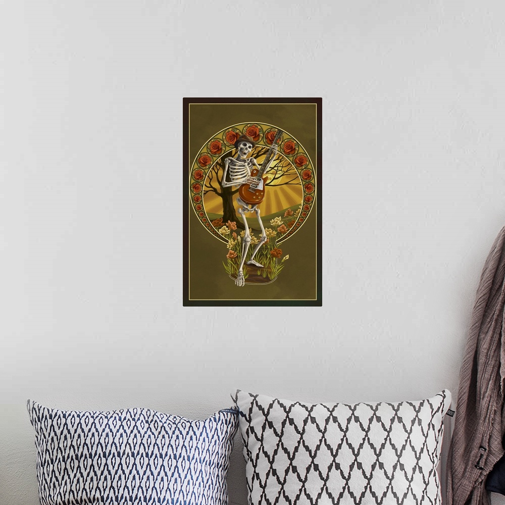 A bohemian room featuring Skeleton and Guitar: Retro Travel Poster