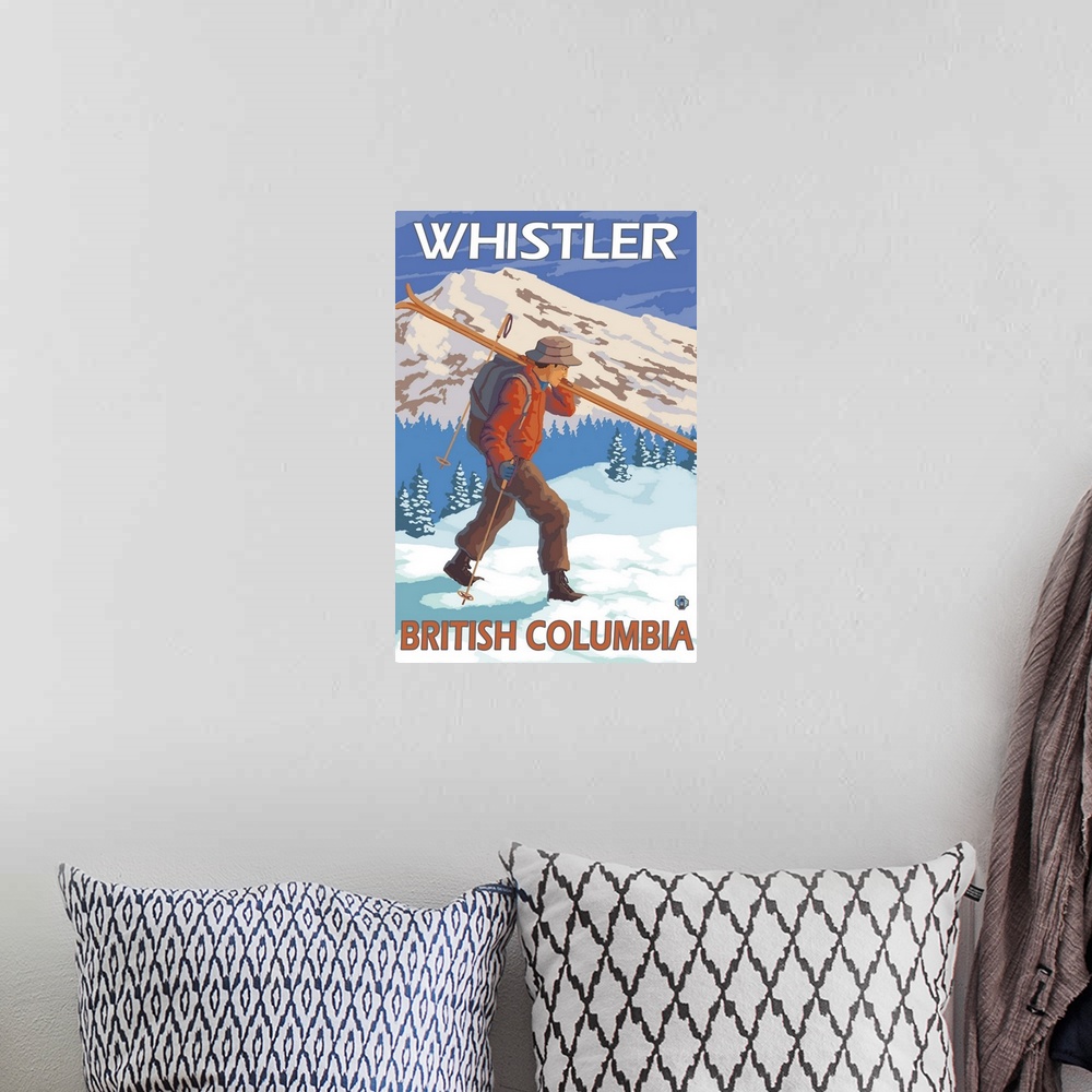 A bohemian room featuring Skier Carrying Snow Skis - Whistler, BC Canada: Retro Travel Poster