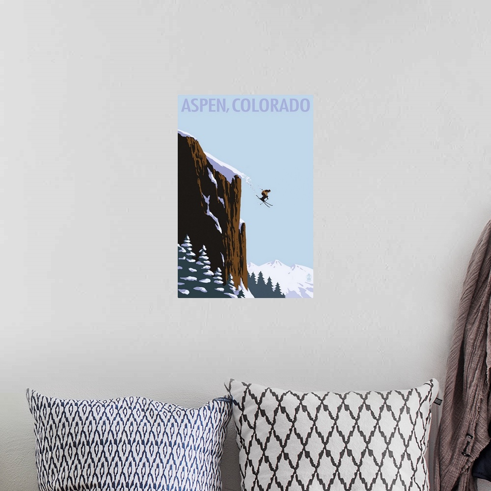 A bohemian room featuring Skier Jumping - Aspen, Colorado: Retro Travel Poster