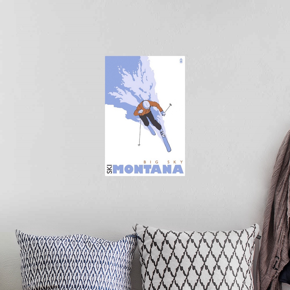 A bohemian room featuring Skier Stylized - Big Sky, Montana: Retro Travel Poster
