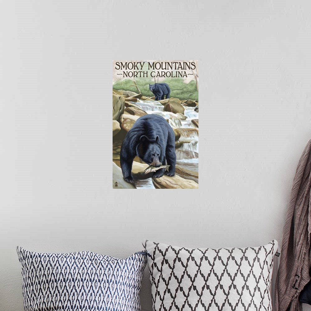 A bohemian room featuring Retro stylized art poster of black bears on a rocky plinth, catching fish in the rushing water.
