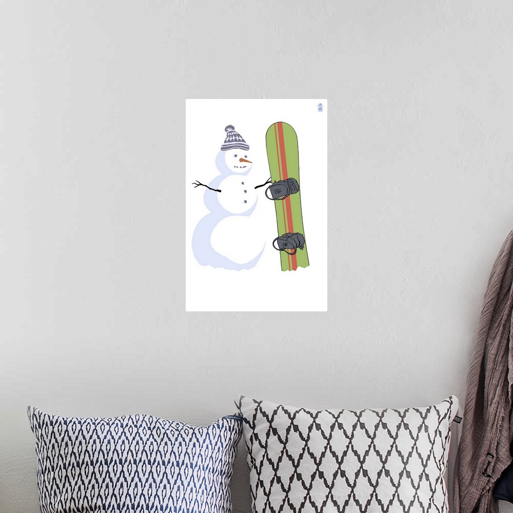 A bohemian room featuring Retro stylized art poster of a snowman standing beside a snowboard.