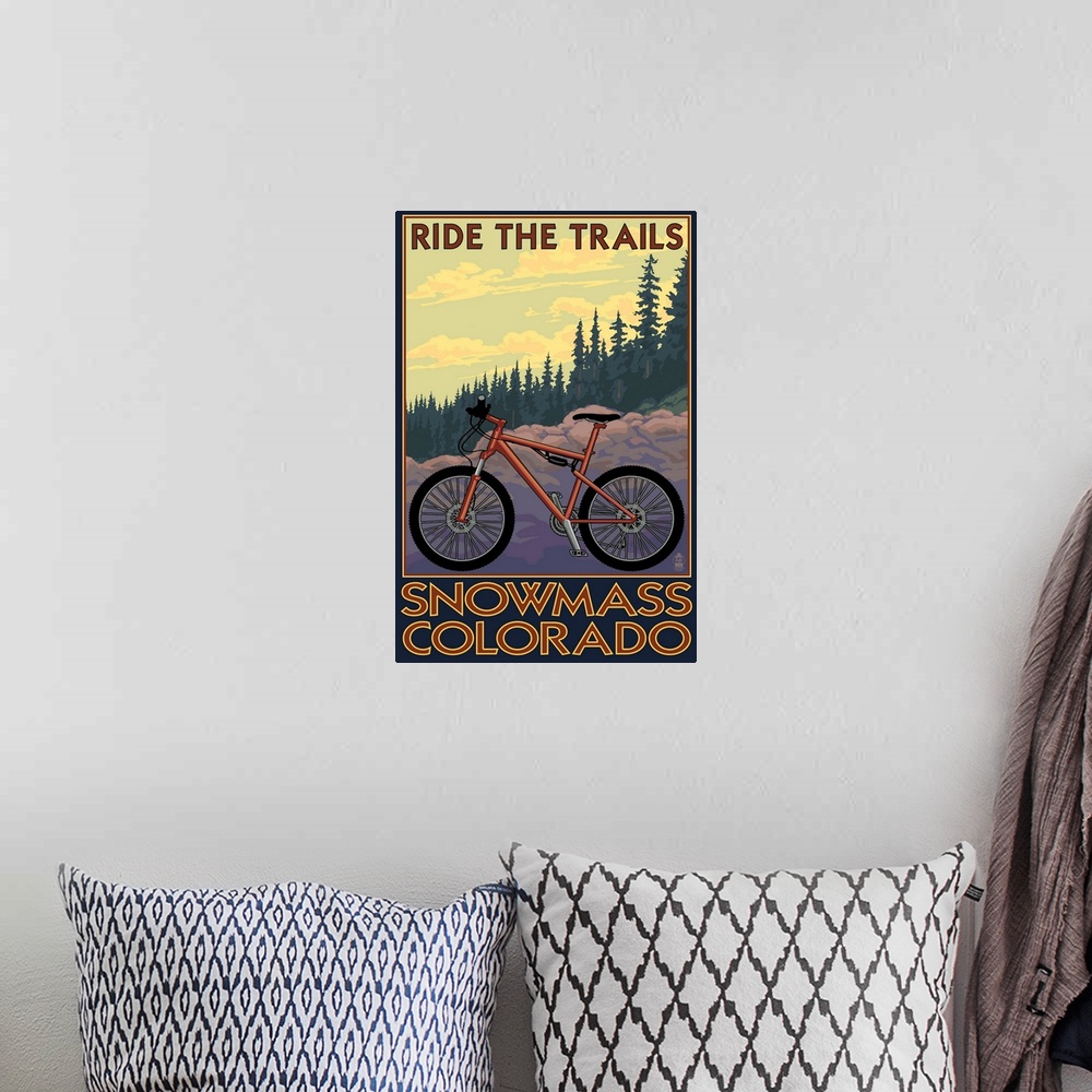 A bohemian room featuring Snowmass, Colorado - Mountain Bike: Retro Travel Poster