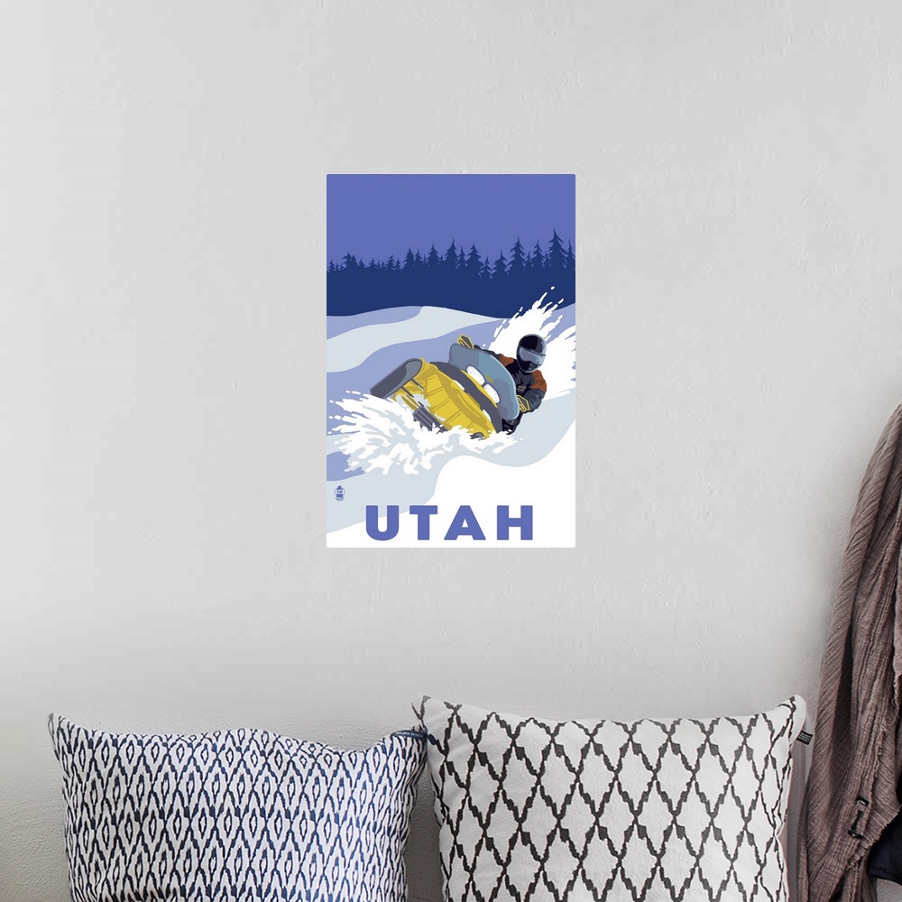 A bohemian room featuring Snowmobile Scene - Utah: Retro Travel Poster