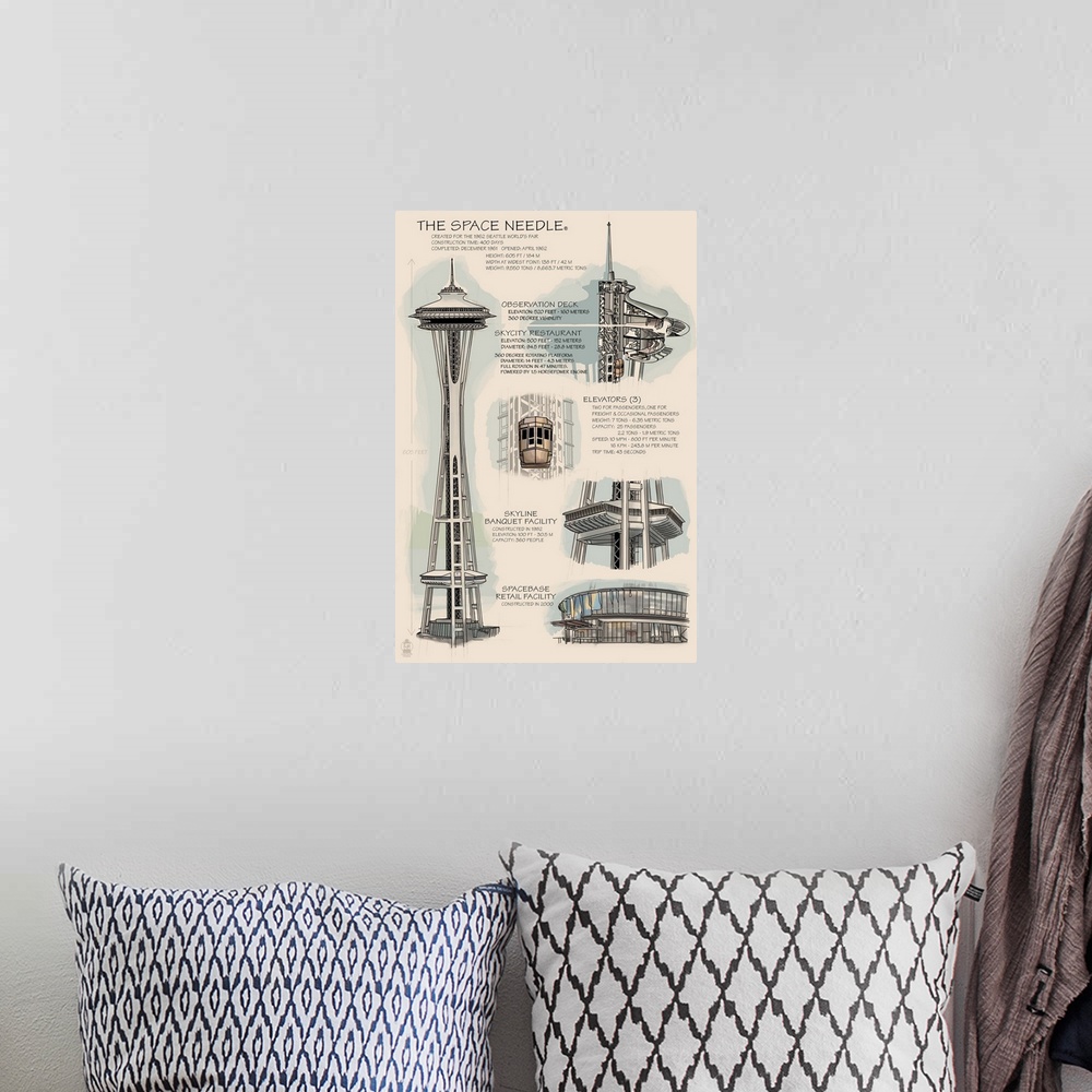 A bohemian room featuring Space Needle Technical Drawing (Naturals): Retro Travel Poster