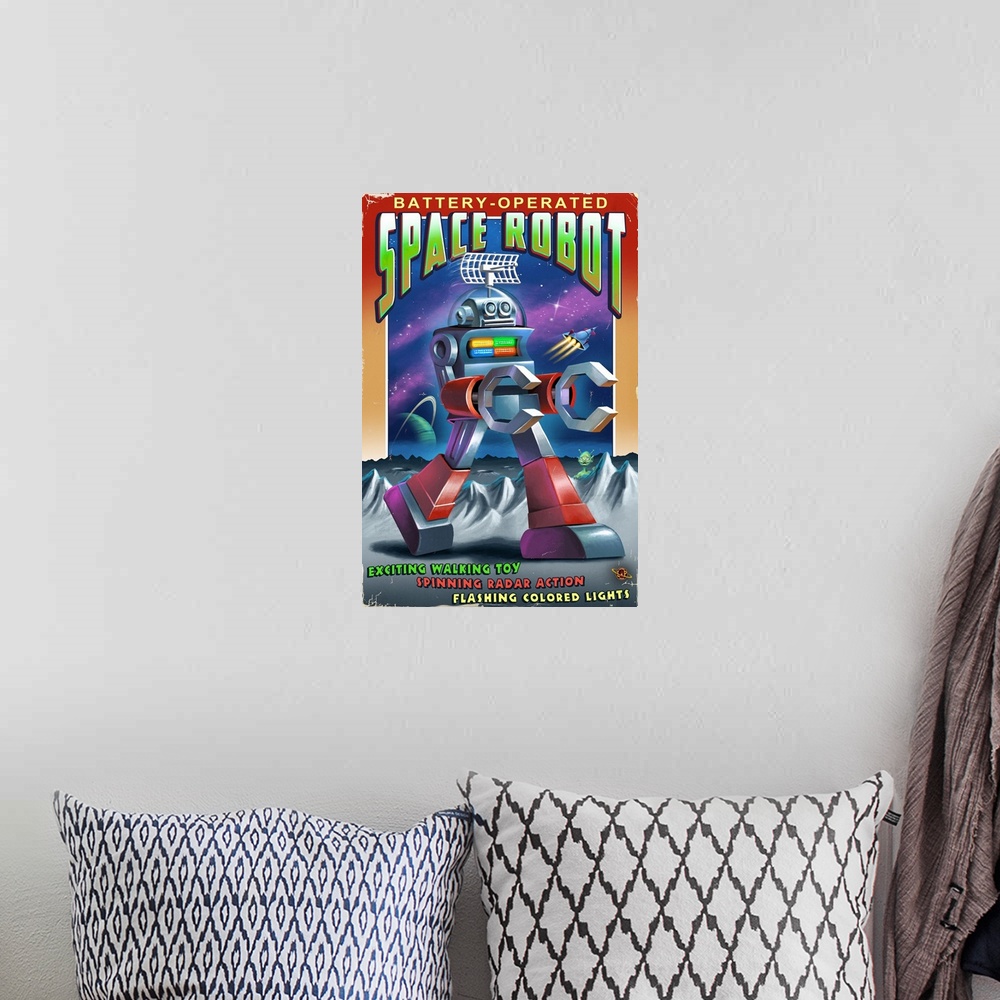 A bohemian room featuring Space Robot: Retro Art Poster