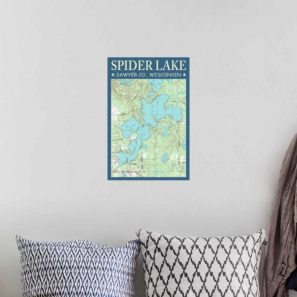 A bohemian room featuring Spider Lake Chart - Sawyer County, Wisconsin: Retro Travel Poster