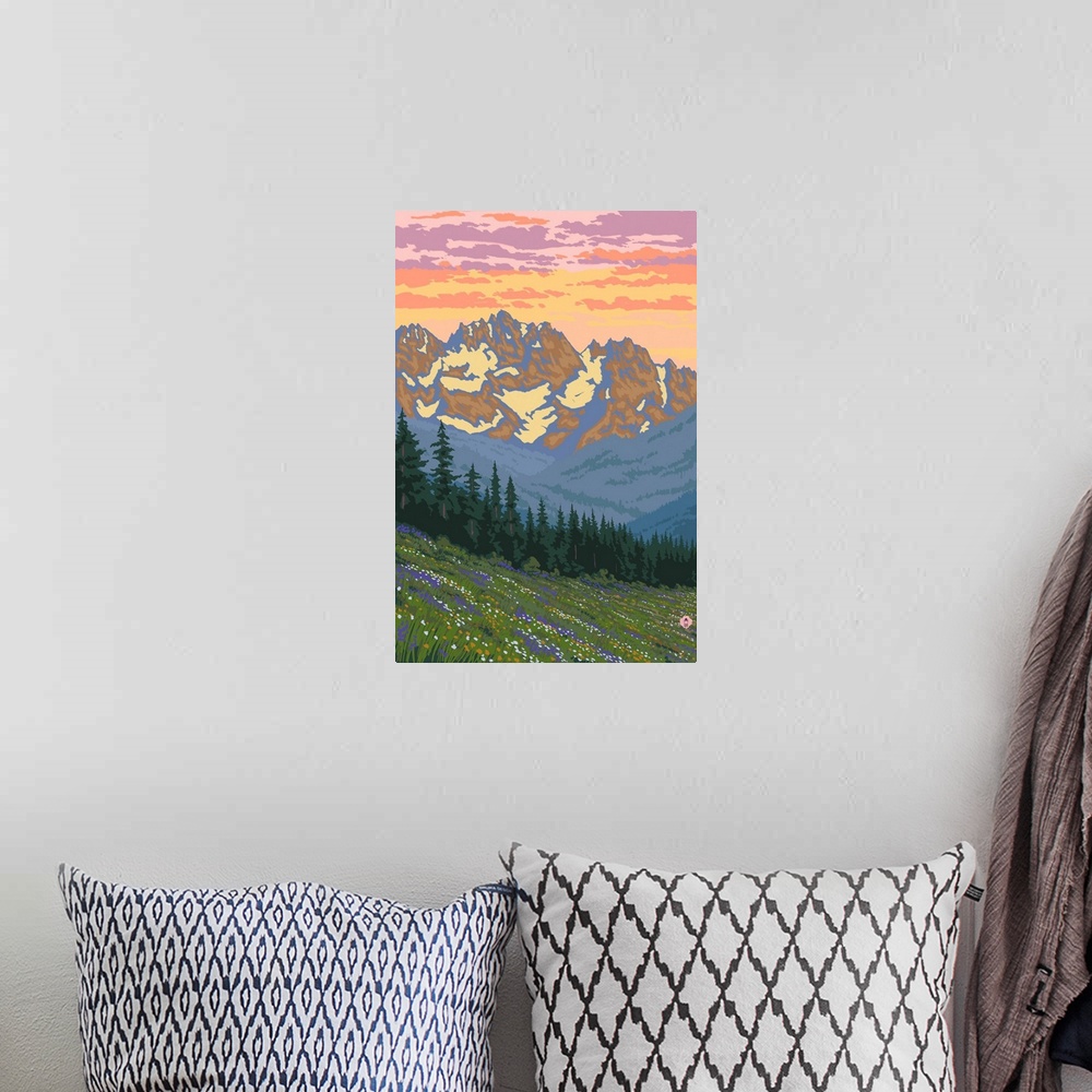 A bohemian room featuring Retro stylized art poster of a mountain range with spring flowers in the foreground.
