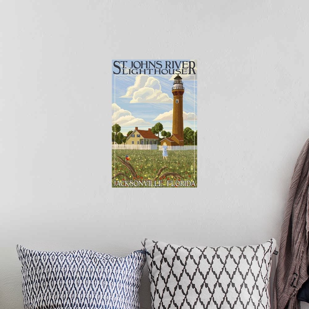 A bohemian room featuring St. Johns River Lighthouse - Jacksonville, Florida: Retro Travel Poster