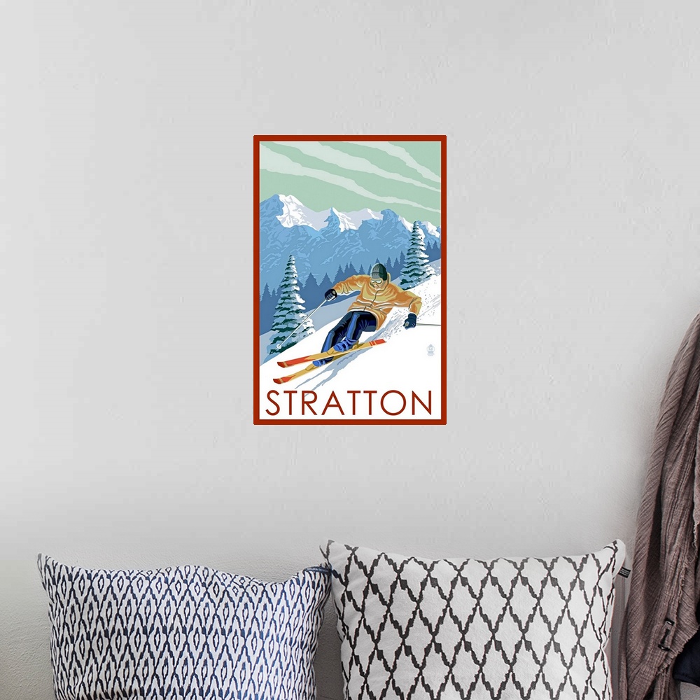 A bohemian room featuring Stratton, Vermont - Downhill Skier Scene: Retro Travel Poster