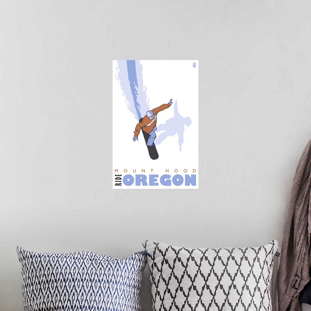 A bohemian room featuring Stylized Snowboarder - Mount Hood, Oregon: Retro Travel Poster