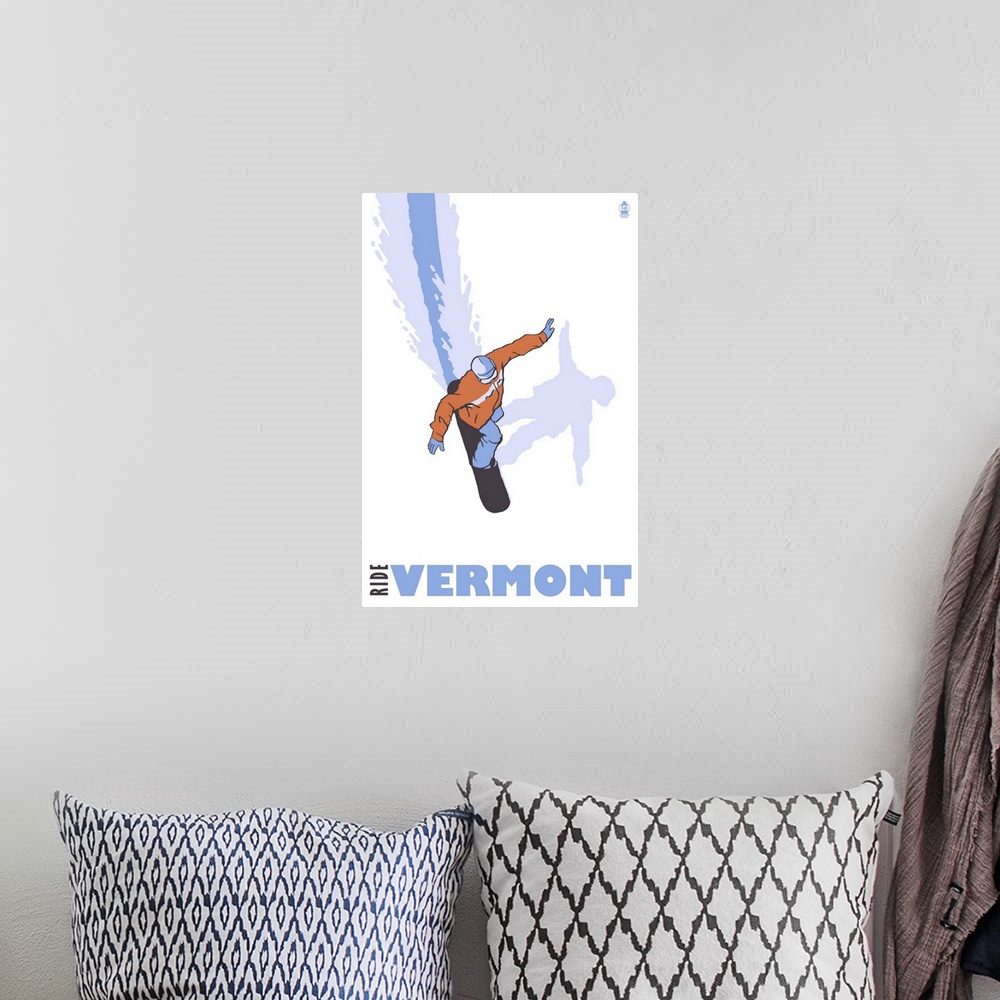 A bohemian room featuring Stylized Snowboarder - Vermont: Retro Travel Poster