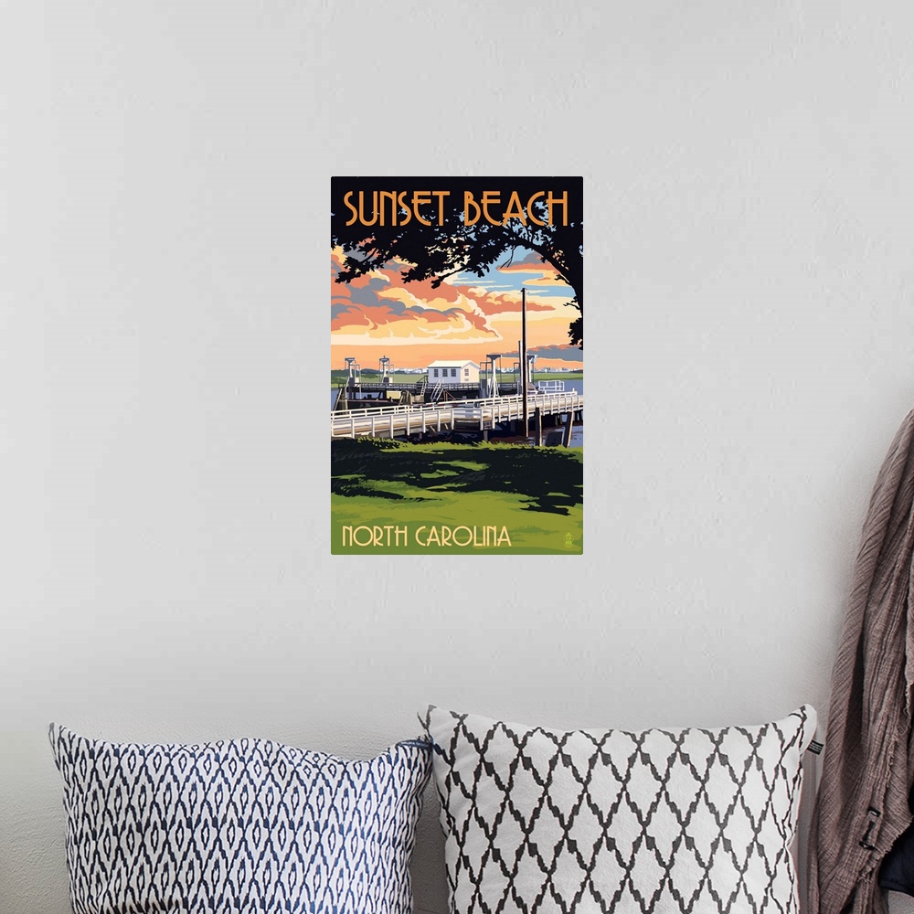 A bohemian room featuring Sunset Beach - Calabash, North Carolina - Swinging Bridge: Retro Travel Poster