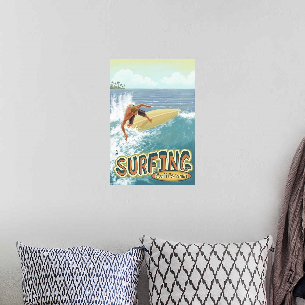 A bohemian room featuring Surfing California: Retro Travel Poster