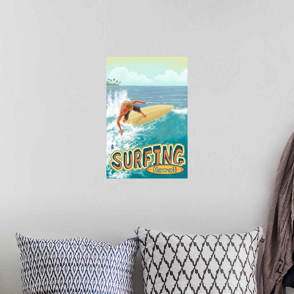 A bohemian room featuring Surfing Hawaii: Retro Travel Poster
