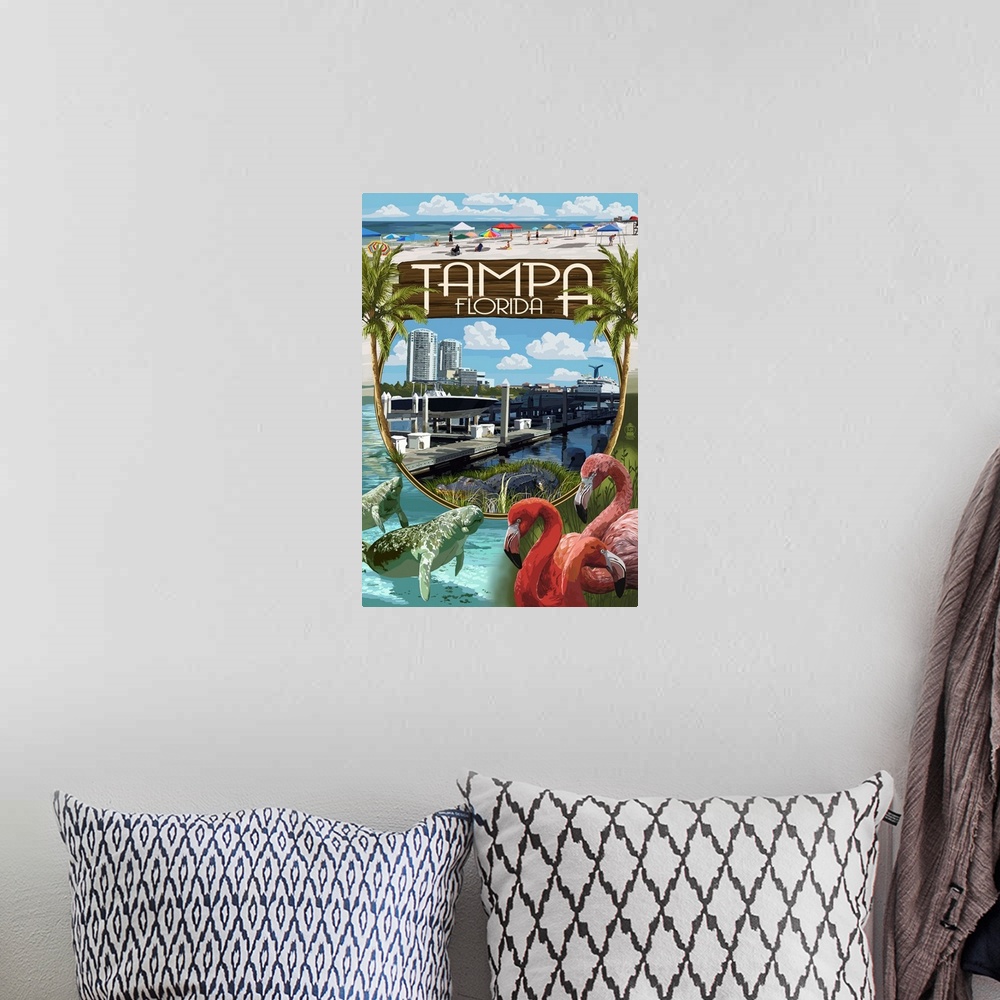 A bohemian room featuring Retro stylized art poster of flamingos, manatees and a beach montage.