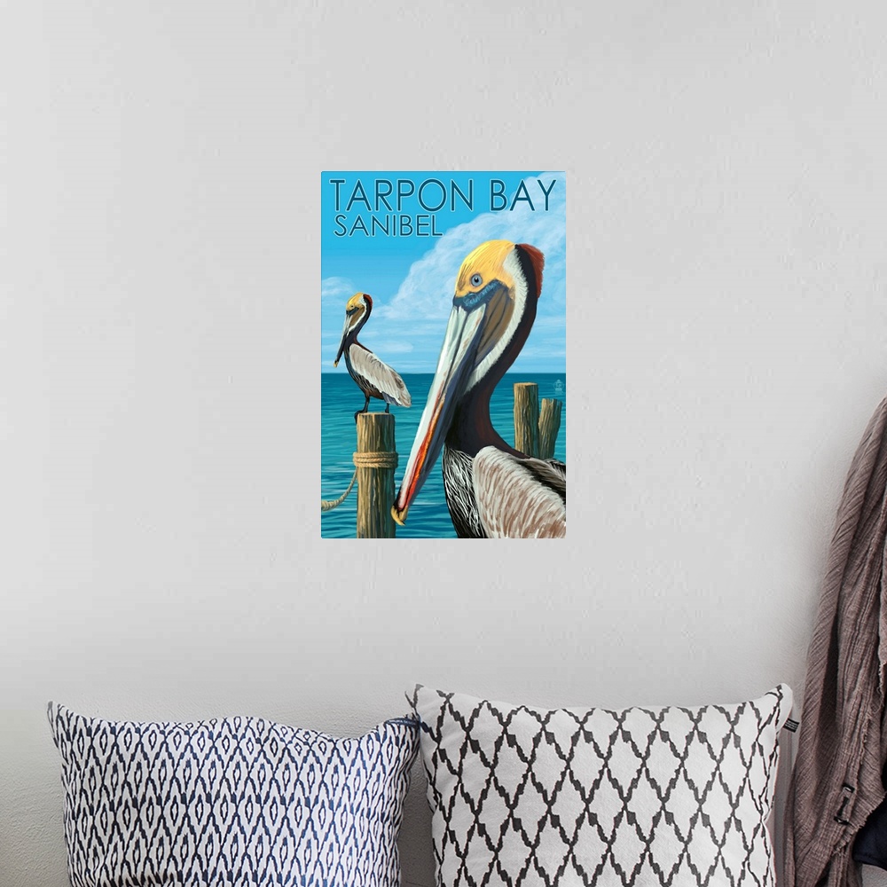A bohemian room featuring Tarpon Bay, Florida, Brown Pelicans, Lantern Press Original Poster