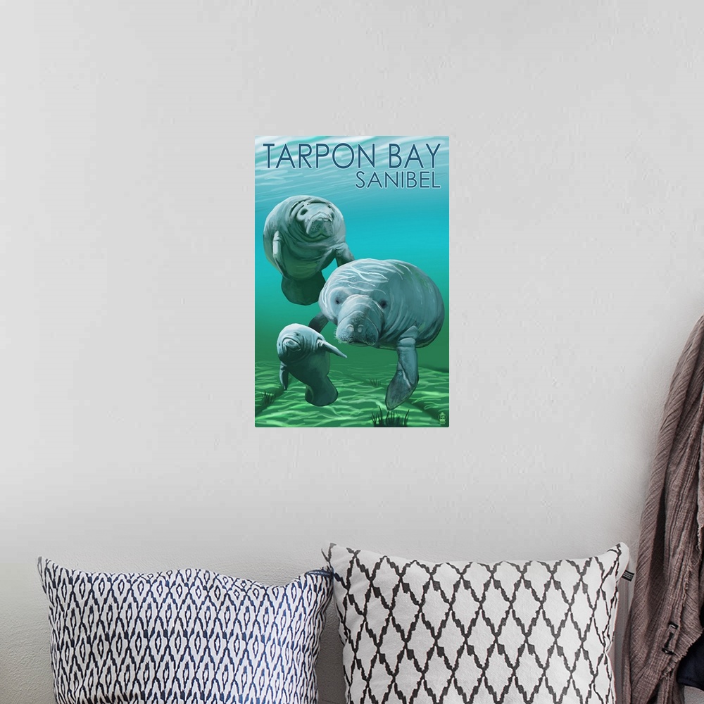 A bohemian room featuring Tarpon Bay, Florida, Manatees, Lantern Press Original Poster