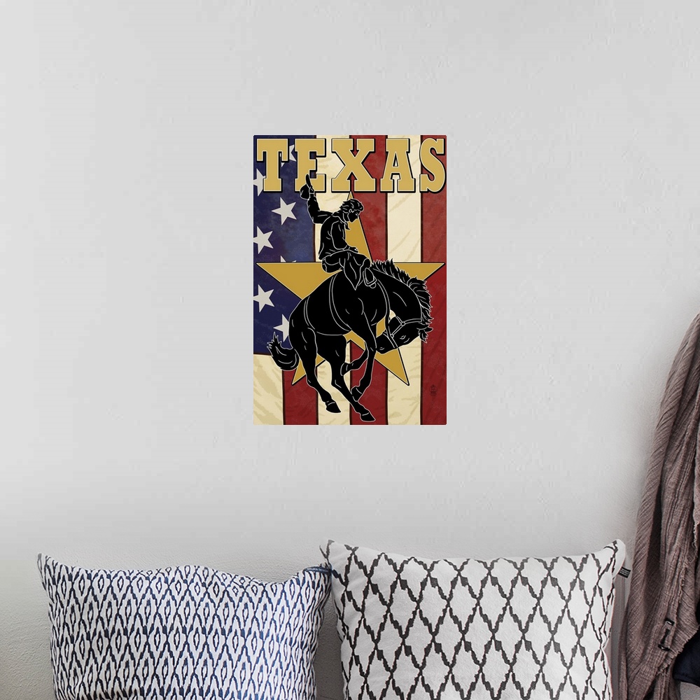 A bohemian room featuring Texas - Cowboy with Bucking Bronco: Retro Travel Poster