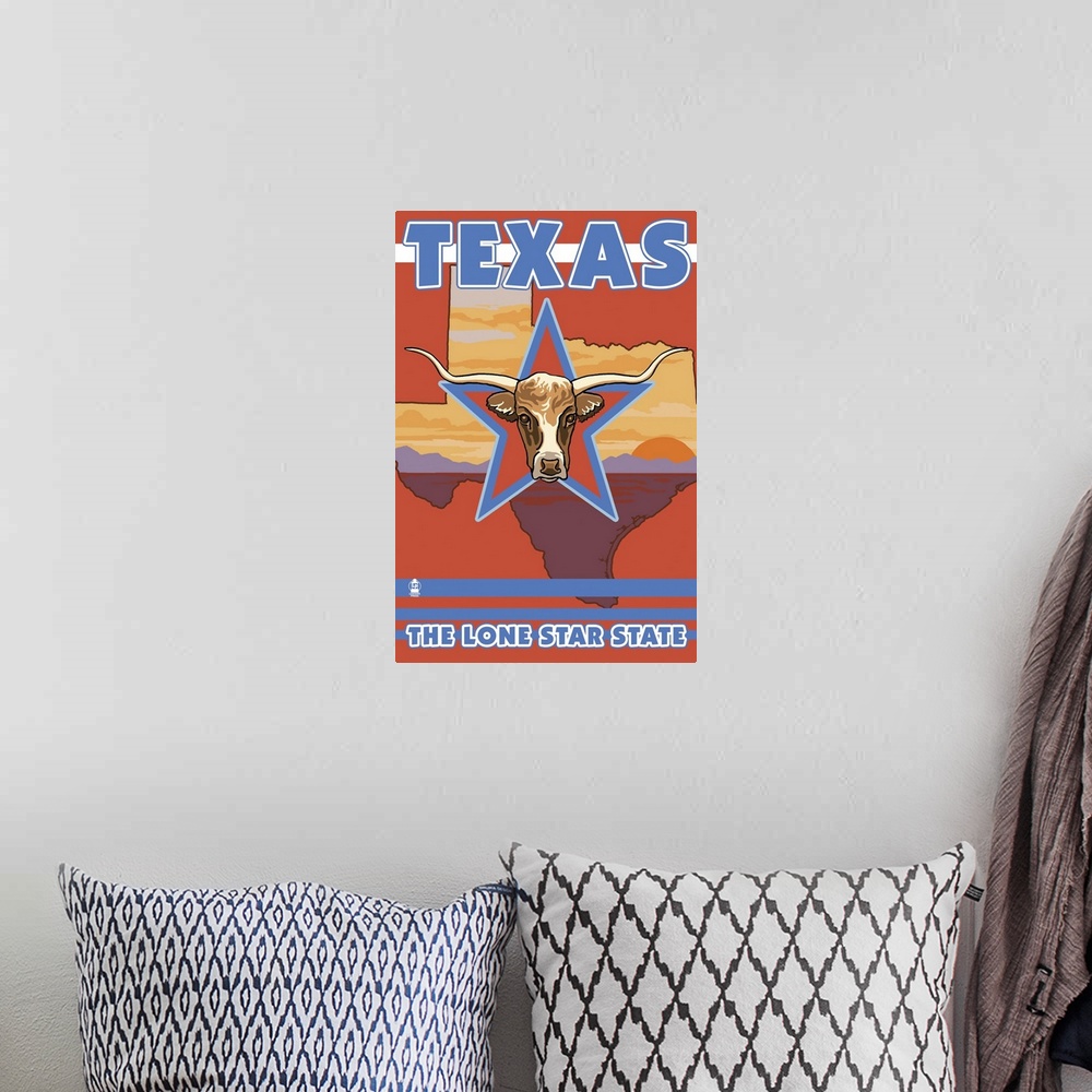 A bohemian room featuring Texas State - Longhorn Bull: Retro Travel Poster