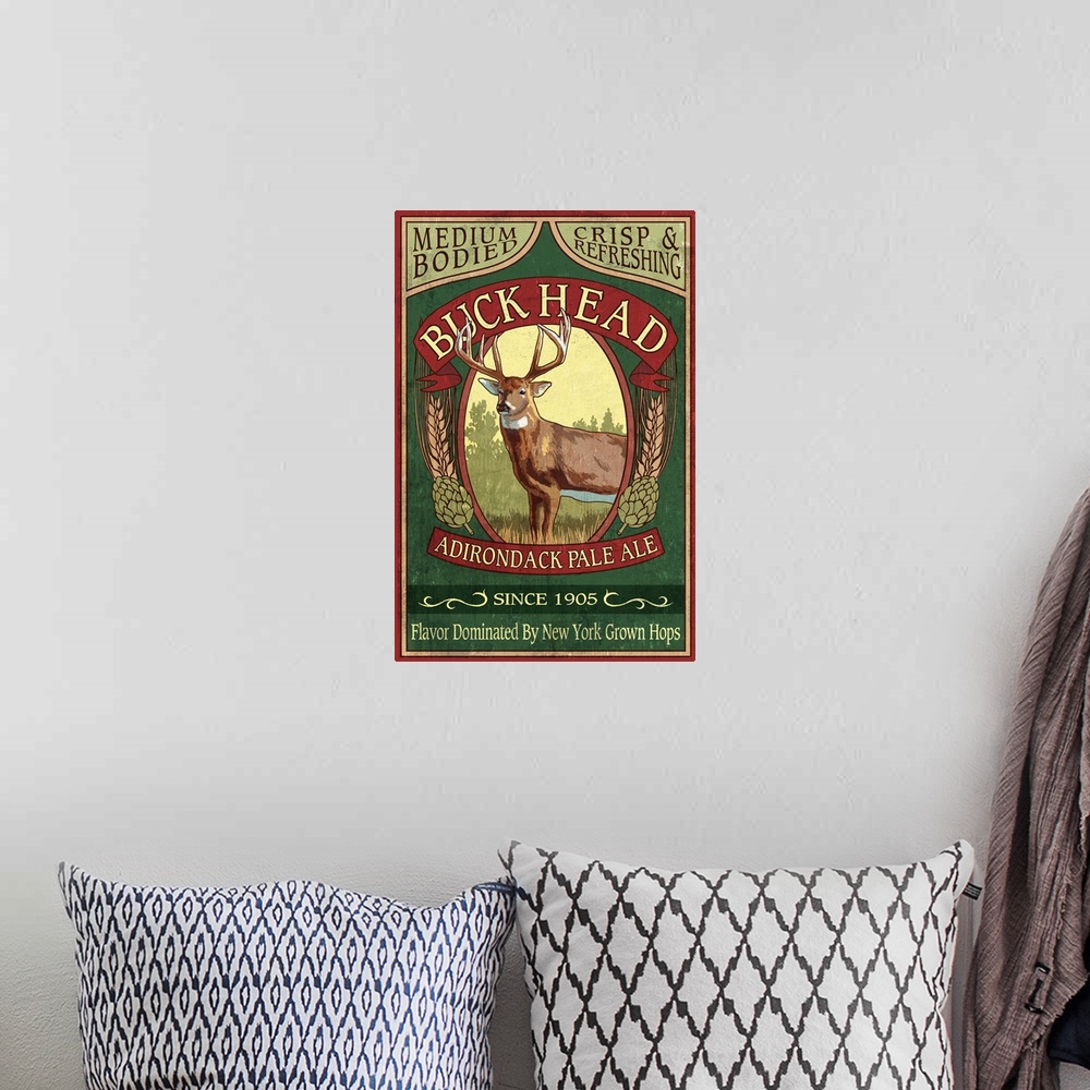 A bohemian room featuring The Adirondacks, New York State - Buck Head Ale Vintage Sign: Retro Travel Poster