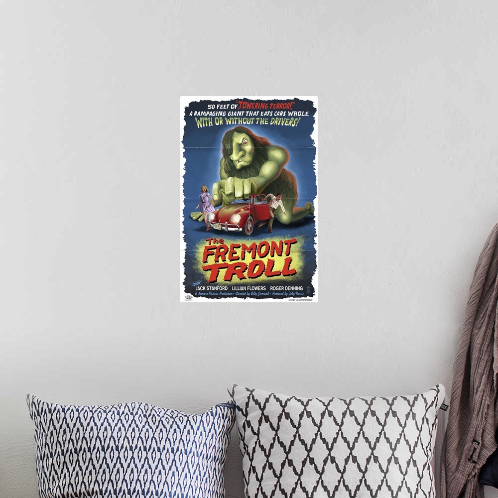 A bohemian room featuring The Fremont Troll Movie Poster