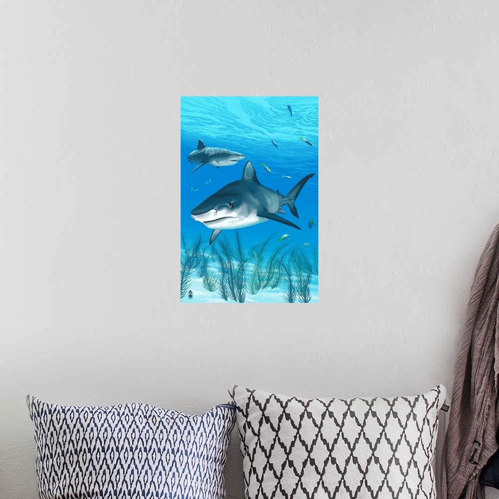 A bohemian room featuring Tiger Shark: Retro Poster Art