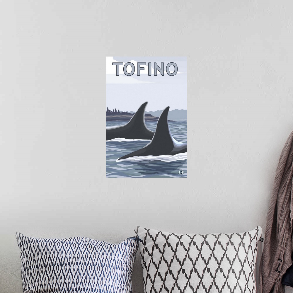 A bohemian room featuring Tofino, Canada - Orca Fins: Retro Travel Poster