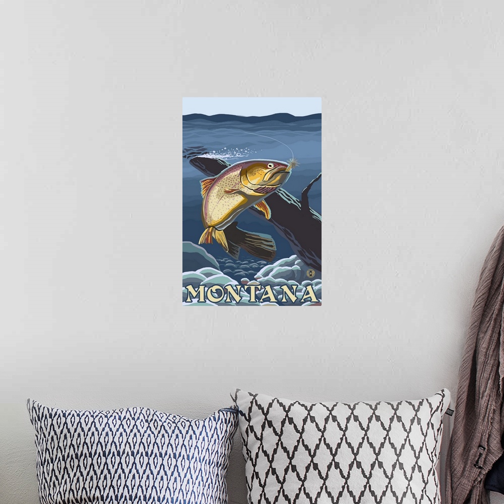 A bohemian room featuring Trout Fishing Cross-Section - Montana: Retro Travel Poster
