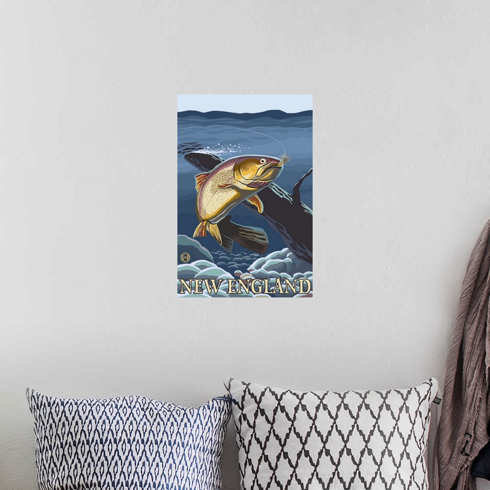 A bohemian room featuring Trout in Stream - New England: Retro Travel Poster
