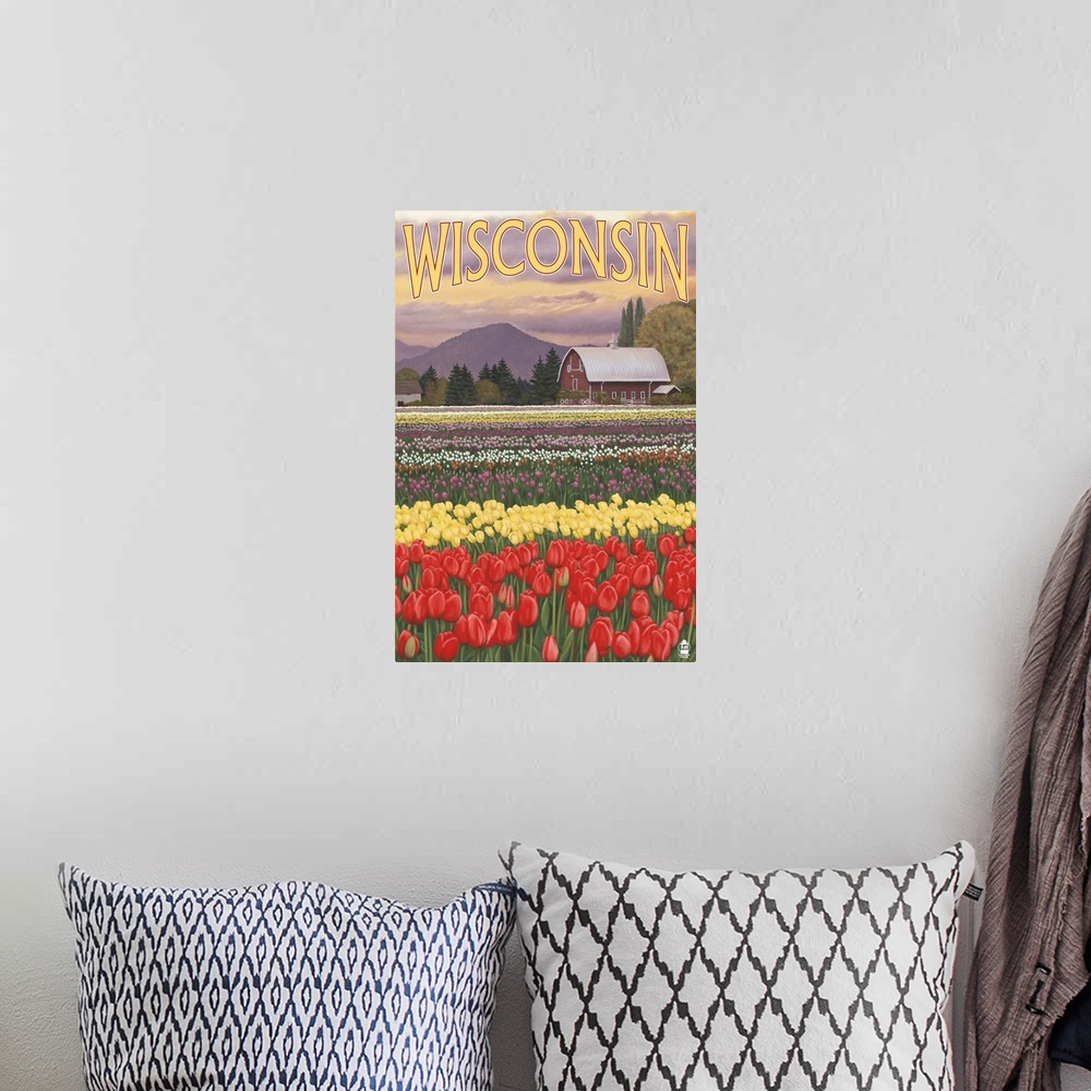 A bohemian room featuring Tulip Fields - Wisconsin: Retro Travel Poster