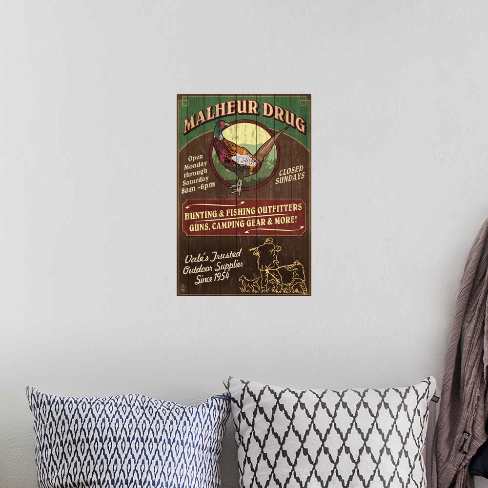 A bohemian room featuring Vale, Oregon - Malheur Drug Pheasant Vintage Sign: Retro Travel Poster