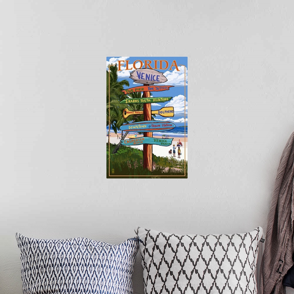 A bohemian room featuring Venice, Florida - Sign Post: Retro Travel Poster