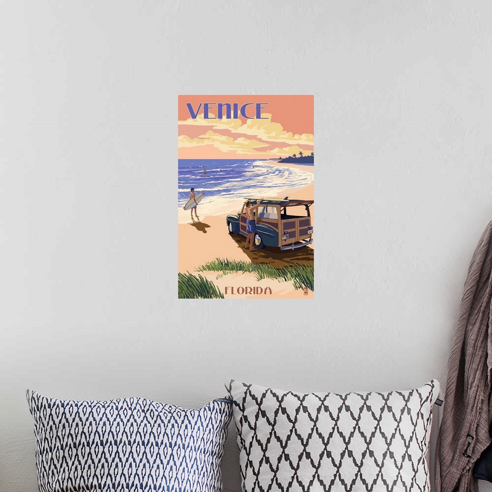 A bohemian room featuring Venice, Florida - Woody On The Beach: Retro Travel Poster