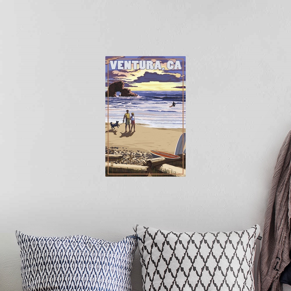 A bohemian room featuring Ventura, California - Surfing Beach Scene: Retro Travel Poster
