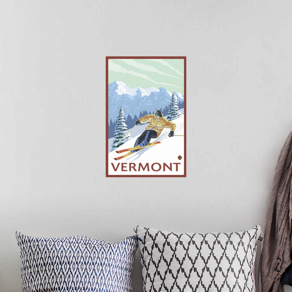 A bohemian room featuring Vermont - Downhill Skier Scene: Retro Travel Poster