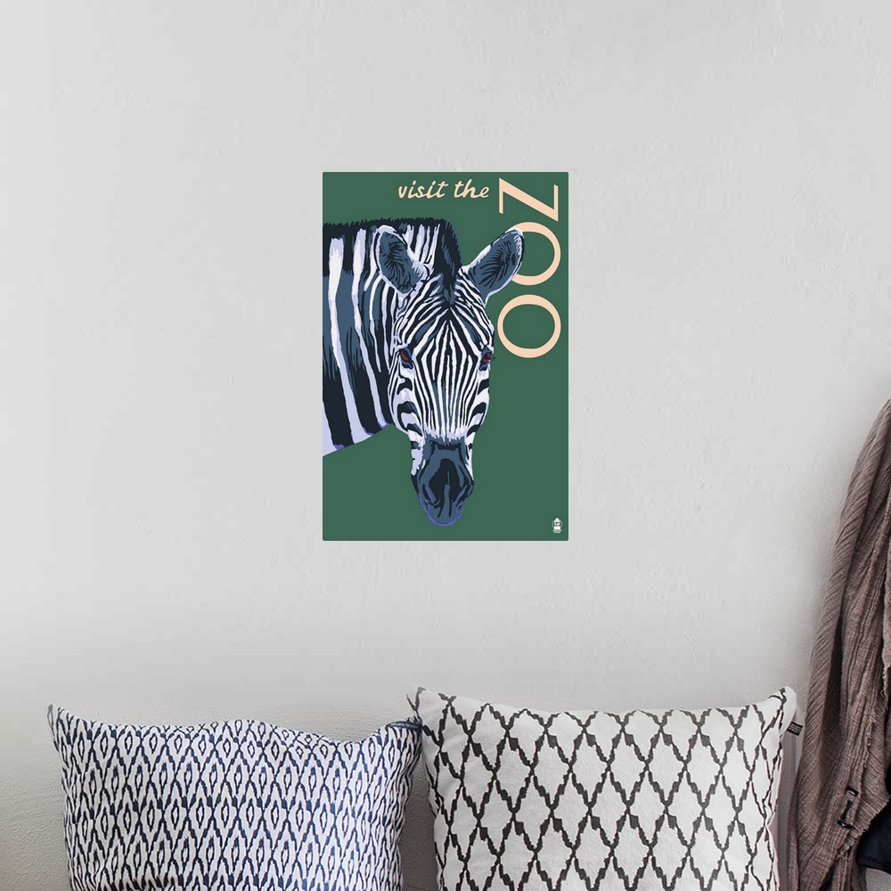 A bohemian room featuring Visit the Zoo - Zebra Profile: Retro Travel Poster
