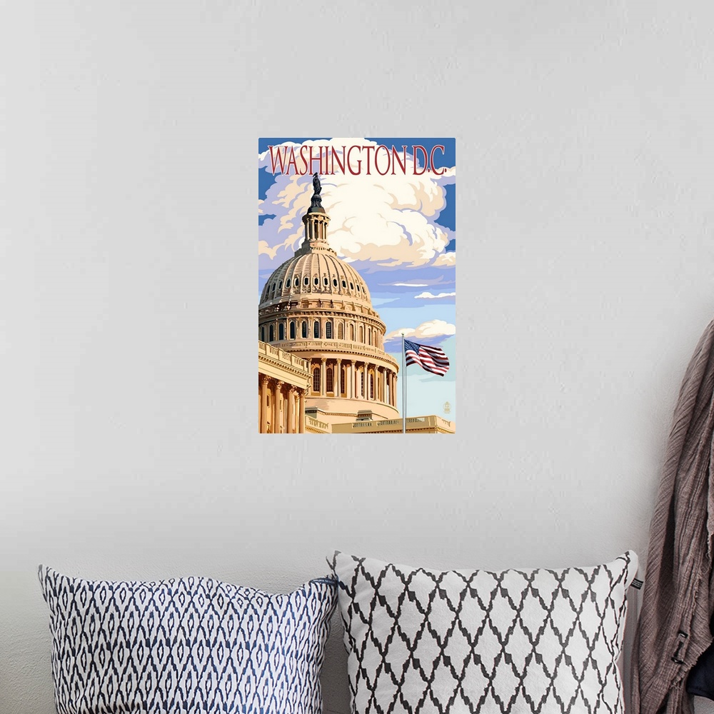 A bohemian room featuring Washington, DC - Capitol Building: Retro Travel Poster