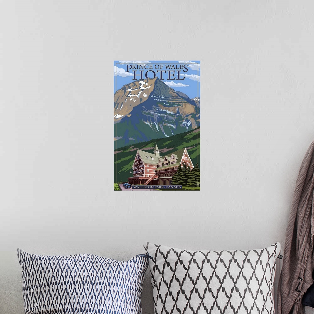 A bohemian room featuring Waterton Lakes National Park, Canada - Prince of Wales Hotel: Retro Travel Poster