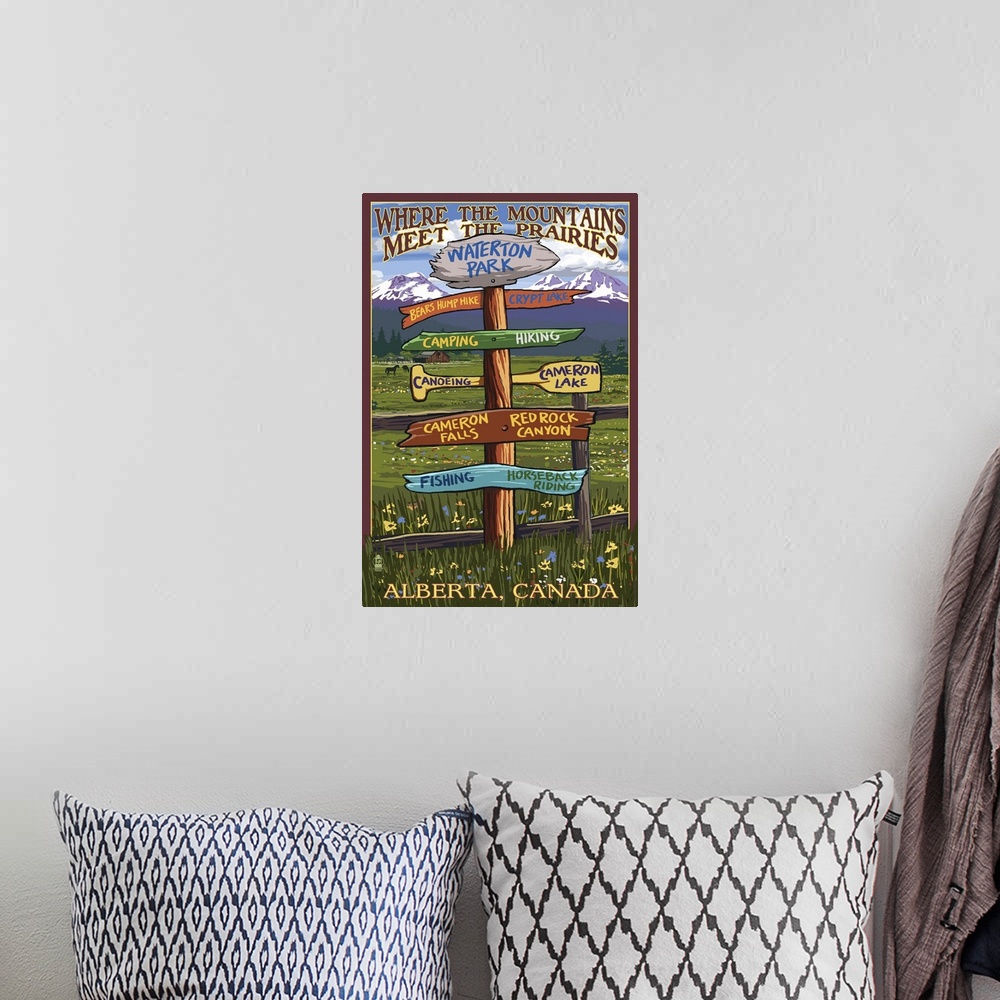 A bohemian room featuring Waterton Lakes National Park, Canada - Sign Destination: Retro Travel Poster