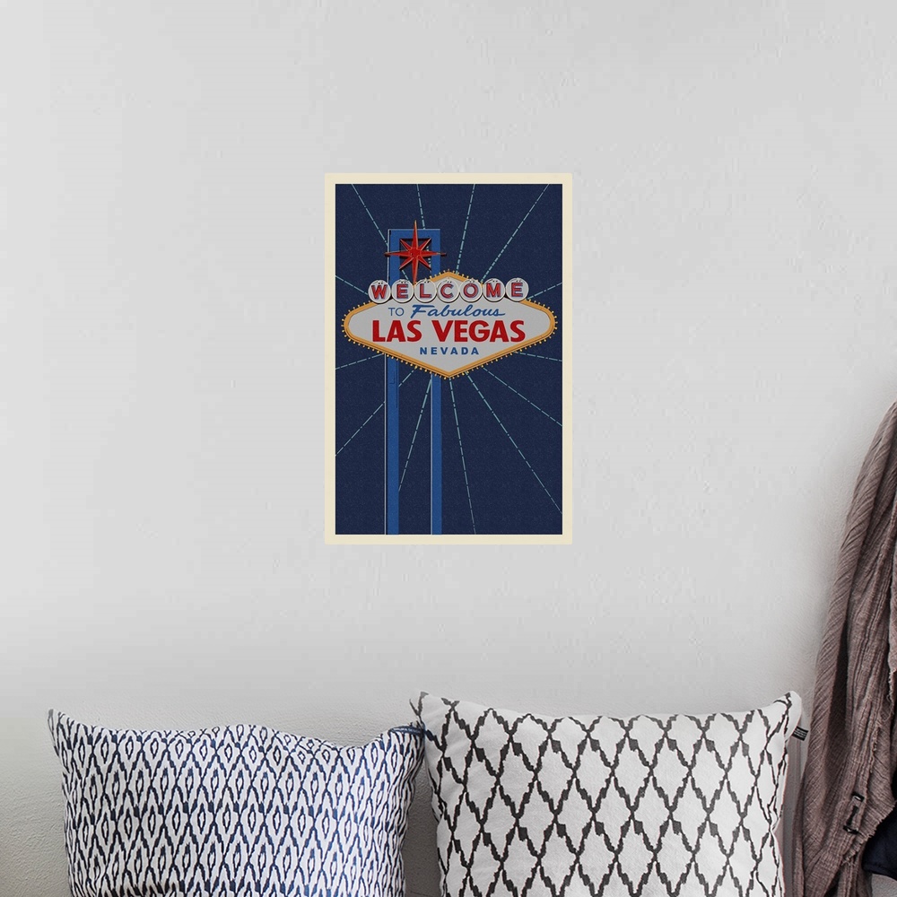A bohemian room featuring Welcome to Las Vegas Sign - Letterpress: Retro Travel Poster