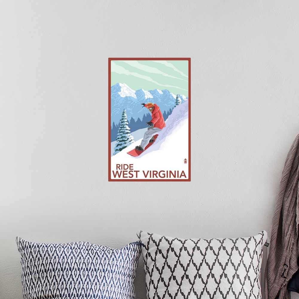 A bohemian room featuring West Virginia - Snowboarder: Retro Travel Poster