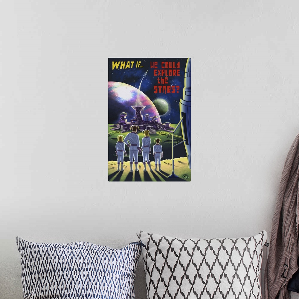 A bohemian room featuring What If We Could Explore The Stars: Retro Poster Art