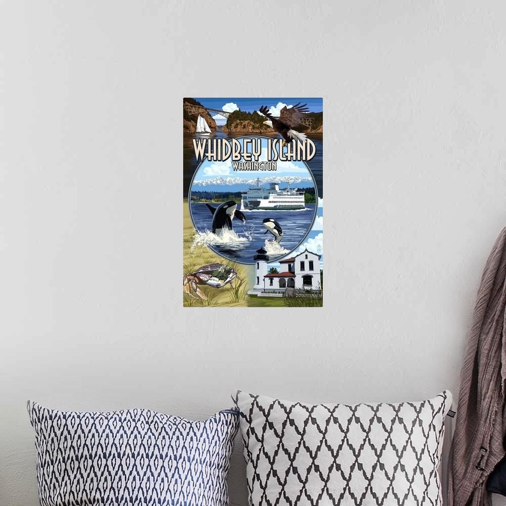 A bohemian room featuring Retro stylized art poster of montage of sights including orca whales, crabs a lighthouse and and ...