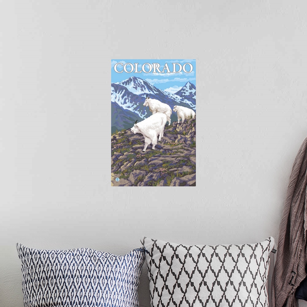 A bohemian room featuring White Mountain Goat Family - Colorado: Retro Travel Poster