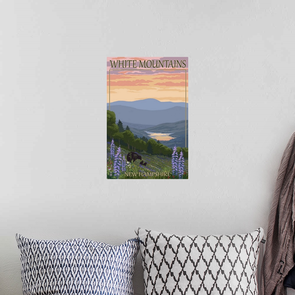 A bohemian room featuring White Mountains, New Hampshire - Bears and Spring Flowers: Retro Travel Poster
