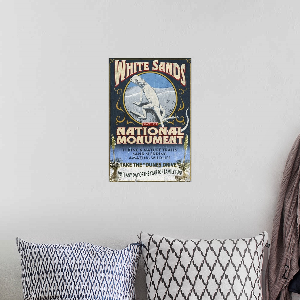 A bohemian room featuring White Sands National Monument, New Mexico - Lizard Vintage Sign: Retro Travel Poster