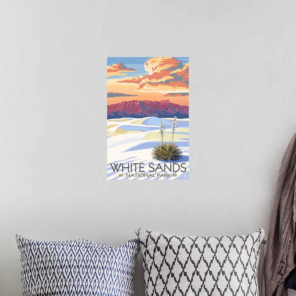 A bohemian room featuring White Sands National Park, Natural Landscape: Retro Travel Poster